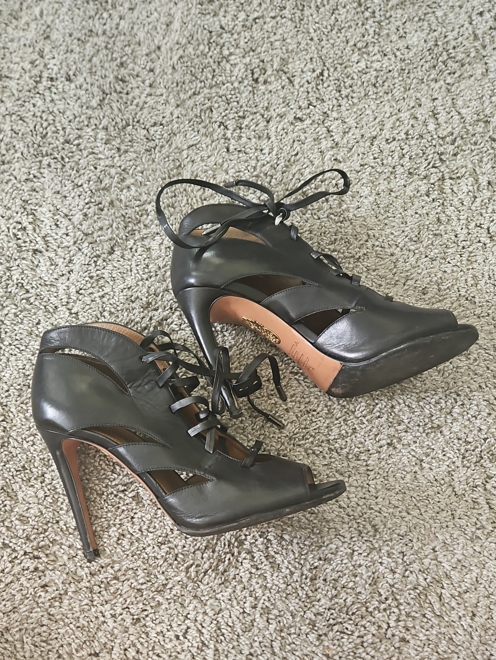 Aquazzura Black Lace-Up Peep Toe Heels 37.5 - Picture 5 of 10